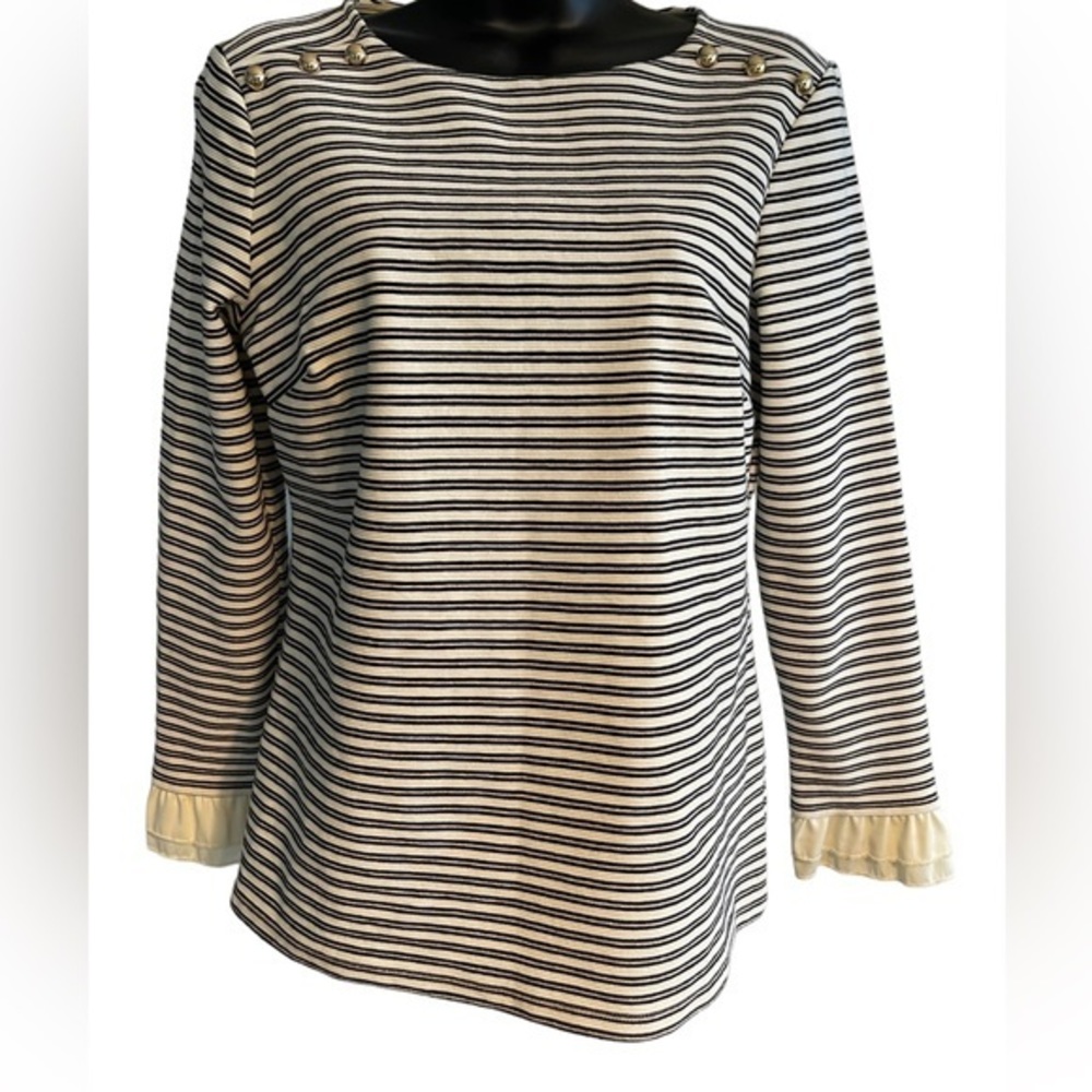 Talbots Women's Stripe Sweater Size Small P Black Cream Metallic Ruffle Sleeve‎